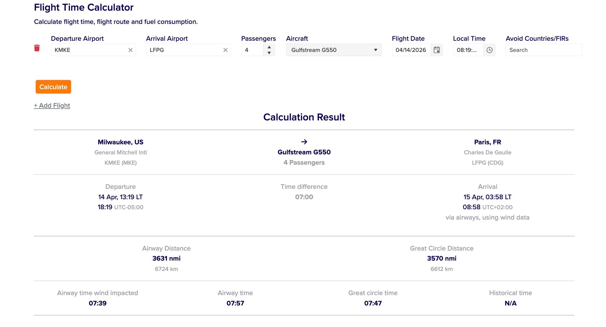AviaCost Flight Time Calculator — KMKE to LFPG, Gulfstream G550